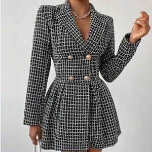 Women's Plaid Tweed Dress Notched Lapel DoubleBreasted Elegant Aline Mini Dress